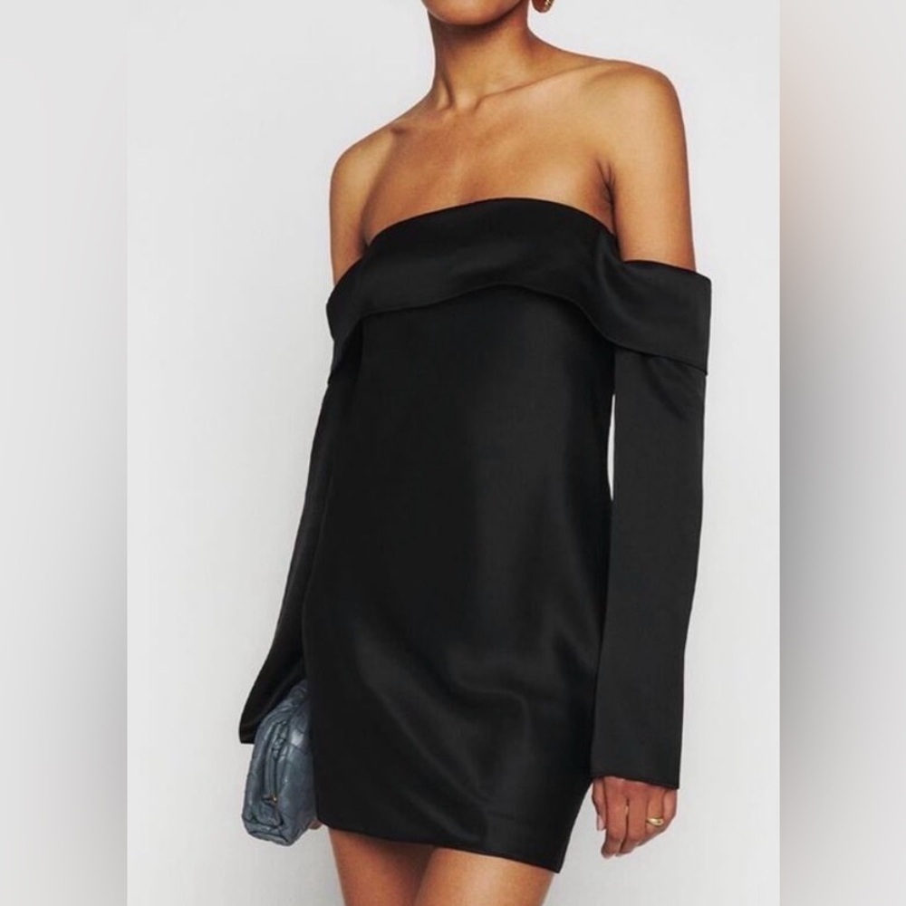Reformation Maves Satin Off The Shoulder Long Sleeve Mini Dress Black Size Large